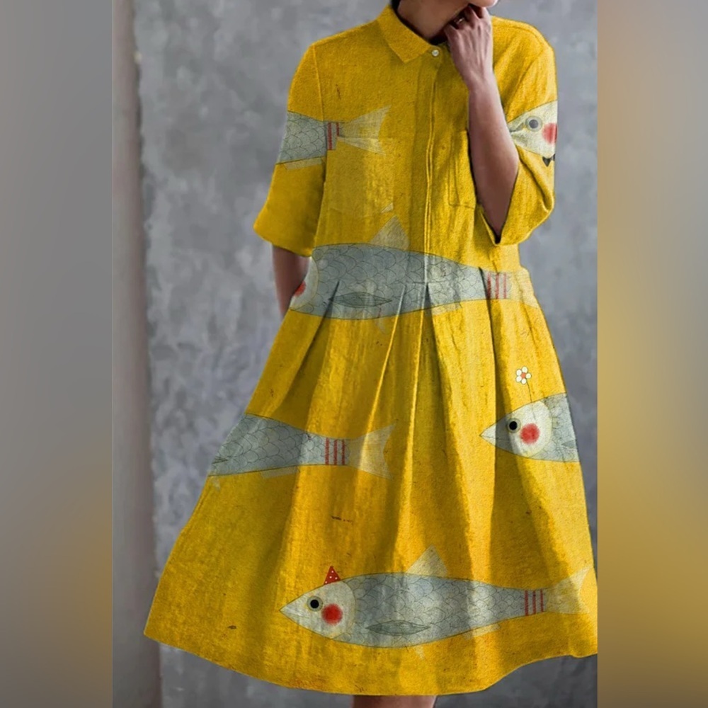 Retro Yellow Sardine Print Dress Size Small